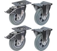 Rueda giratoria de acero inoxidable de 160 mm (6 pulgadas), con banda de rodadura de goma gris, con freno y fija, capacidad de carga de 540 kg, juego de 4 unidades