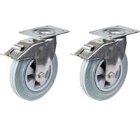 Rueda giratoria de acero inoxidable de 200 mm (8 pulgadas), con banda de rodadura de goma gris, con freno, capacidad de carga de 410 kg, juego de 2 unidades