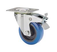 Rueda giratoria de goma con placa, eje de rodillos y freno, azul, máx
