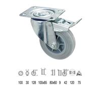 Rueda industrial goma gris placa con freno 100 mm.