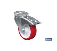 Rueda de poliuretano con agujero pasante, freno y giratoria con cojinete liso COFAN Ø100mm x 30mm screw 13mm brake 127mm height 124mm 160kg