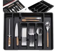 Ruhhy Bandeja para cubiertos ajustable 28-45 cm, pequeño para cucharas, tenedores, cuchillos, utensilios de cocina, 5-7 compartimentos, cajón de cocina, color negro 24748