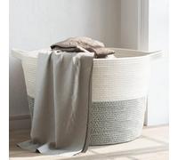 Runheo Cesto para la colada, color gris y blanco, diámetro 60 x 36 cm, algodón, con asas, plegable, para dormitorio, baño, hogar y habitación infantil