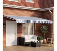 Runheo Toldo eléctrico extensible de 5 x 3 m en azul y blanco con protección solar resistente a la intemperie, poliéster resistente a los rayos UV, motor eléctrico, brazo articulado y mando a