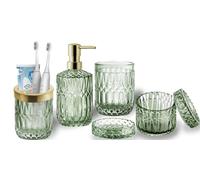 RUNQIN Set 6 Accessori Bagno in Vetro Trasparente (Dispenser Sapone, Portasapone, Portaspazzolino, Bicchiere, Portacotton fioc), Stile Contemporaneo, Regalo Vintage (5pz Verde)