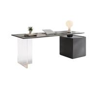 RUNZE765Z Escritorio de Oficina clásico Escritorio Moderno for Oficina en casa con Dos cajones, Toma de Corriente, Tablero losa Roca y Patas acrílico para Escribir(Negro,S)