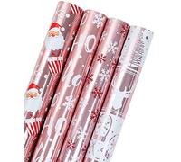 RUSPEPA Rollo de Papel de - Papá Noel, Copos de Nieve y Renos Oro Rosa con Brillo de Lámina Metálica Adjunto- 4 Rollos - 76 cm X 305 cm Por Rollo