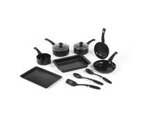 Russell Hobbs Everyday Kitchen Essentials - Juego de 10 sartenes de 20 y 24 cm, cacerolas de 16, 18 y 20 cm, bandeja para hornear, asador, cuchara ranurada y sólida, espátula ranurada, utensilios de