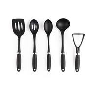 Russell Hobbs RH03026EU7 Juego de 5 utensilios - colección Venus, prensapatatas, espátula y cuchara ranurada, cuchara, cucharón, ganchos, mangos, fácil limpieza, utensilios de nylon, negro