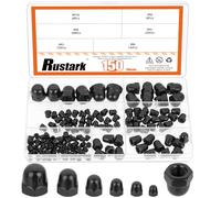 Rustark Kit surtido de 150 tuercas de bellota de 6 tamaños, tuercas métricas hexagonales de bellota, tuercas hexagonales de acero al carbono, tuerca de corona, tuerca de cabeza de cúpula negra, tapas