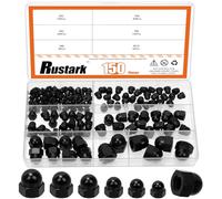 Rustark Kit surtido de 150 tuercas de bellota de 6 tamaños, tuercas métricas hexagonales de bellota, tuercas hexagonales de nailon, tuerca de corona, tuerca de cabeza de cúpula negra, tapas de