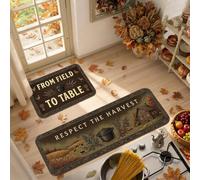 Rustic Harvest Farmhouse - Juego de 2 alfombras de cocina con cita de | Ilustración de cabaña de granja, alfombra de fregadero de cocina, productos de cosecha de otoño, cita de cocina rústica
