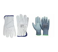 Ruvigrab - Guante de Trabajo Piel de Flor de Vacuno Natural | Guantes para Jardinería | Guantes de Cuero | Guantes de Piel para Obra | Talla 8 & 8436021582911, Guante Soporte Textil, 1, 9, Gris/Gris