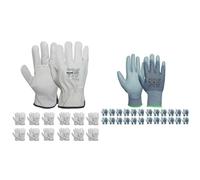 Ruvigrab - Pack 12 pares - Guante de Trabajo de Piel de Flor Natural - Guantes para Jardinería & Transpirable Poliuretano, Guantes De Trabajo Unisex Adulto, Gris (Grey), Talla 9-24 Pares Paquete De