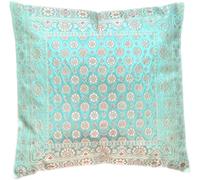 Ruwado Funda de cojín de seda verde mar y dorada, funda de cojín decorativa, 40 cm x 40 cm, hecha a mano y hecha a mano por artesanos de Cachemira India***