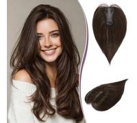 RUWISS Topper pelo Natural Mujer Castaño Oscuro con 15% Rubio Cacao Oscuro Topper Cabello Humano Liso Real Humano Hair Topper Ligero Clip en Postizos sin Flequillo