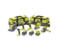 Ryobi - Combo 6 herramientas: taladro de percusión + destornillador de impacto + amoladora de 115 mm + sierra caladora + sierra circular + 1 linterna + 2 baterías 5 Ah y cargador 2,0 A y 2 bolsas -