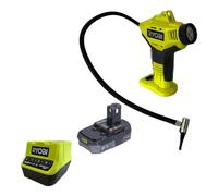 RYOBI - Compresor de Ocio 18V - Inflador con 1 Batería Litio+ 18V 2,0 Ah Incluida, 1 Cargador Rápido 2,0 A y 3 Boquillas de Inflado para Neumáticos de Coche, Bicicleta, Pelotas y Otros - R18PI-120GJ