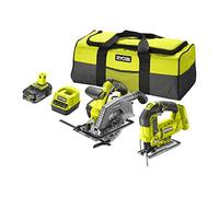 RYOBI - Duo ONE+ 18V: Sierra de calar péndulo con 1 hoja + sierra circular - Diámetro 165 mm con 1 cuchilla de 24 dientes + 1 batería de 18 V 2,5 Ah y cargador rápido (5133004770)