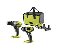 RYOBI - Duo ONE+ 18V: taladro atornillador + destornillador de impactos, viene en bolsa de transporte con 2 baterías de 2,0 Ah + 1 cargador rápido R18DDID-220S, verde y antracita