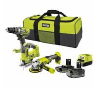 Ryobi Kit de 3 herramientas con taladro-destornillador Brushless, amoladora de 115 mm y sierra de calar