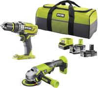 Ryobi Pack de 2 herramientas inalámbricas 18V: taladro percutor+amoladora 115mm, baterías 2Ah y 4Ah
