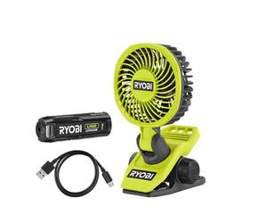 RYOBI - Ventilador USB de litio (4 V, diámetro 9 cm, 2 velocidades, 120/90 rpm, cabeza orientable arriba/abajo y derecha/izquierdo, cable USB-C - 1 batería 4 V, 2,0 Ah, USB de litio, RCF-120G
