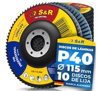 S&R 10 Disco de Láminas Abrasivos Amoladora 115mm Grano 40. Disco desbaste | Metal - Acero Inox - Madera - Disco Lija Amoladora 115