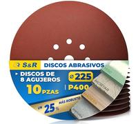 S&R 10 Discos de Lija en Papel Abrasivo Ø 225 mm/Grano 400 | Disco lIja 225mm para Lijadora jirafa grano 400 9 augeros