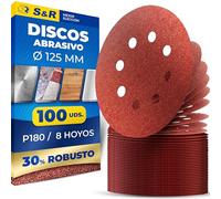 S&R 100 Discos de Lija 125mm grano 180 - Papel de Lija para Lijadora orbital Bosch Parkside Einhell Makita de 125 mm. 100 Hojas para Madera Metal Pintura