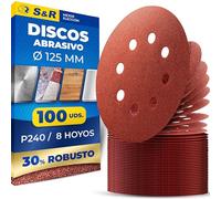 S&R 100 Discos de Lija 125mm grano 240 - Papel de Lija para Lijadora orbital Bosch Parkside Einhell Makita de 125 mm. 100 Hojas para Madera Metal Pintura