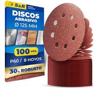 S&R 100 Discos de Lija 125mm grano 60 - Papel de Lija para Lijadora orbital Bosch Parkside Einhell Makita de 125 mm. 100 Hojas para Madera Metal Pintura