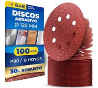 S&R 100 Discos de Lija 125mm grano 80 - Papel de Lija para Lijadora orbital Bosch Parkside Einhell Makita de 125 mm. 100 Hojas para Madera Metal Pintura