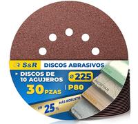 S&R 30 Discos Abrasivos 225mm Velcro P80, 10 Agujeros, Disco de lija 225 Lijadora Jirafa, Discos para Lijadora Excéntrica & Girafa, Papel de Lija para Pared, Techo, Placa de Yeso