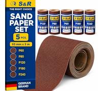 S&R 5 Rollos de Papel de lija para Madera Metal Pared de 93 mm x 5 m grano | 60/80/120/180/240