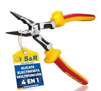 S&R Alicate de Punta Plana Larga 220 mm VDE aislados 1000 V - Alicate Electricista multiunción. Alicate de corte y pelacable para cable de alambre y aluminio