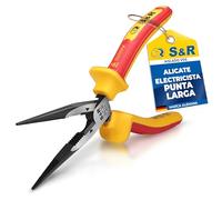 Alicate plano redondo VDE de 200 mm, alicate de punta recta, fabricado en acero CrV endurecido térmicamente e inducidamente para uso profesional, dureza HRC 66, cortador lateral, mango de 2 componente