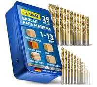 S&R Brocas para Madera Professionales 25 piezas 1-13 mm en acero HSS | 4241titanio - Brocas para taladro manual y de columna