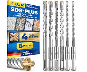 S&R Brocas SDS-Plus 4 Filos Cortes - Juego de 6 Brocas para Hormigón Piedra y Granito 6 8 10 12 mm Taladro Universal
