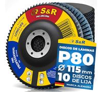 S&R Discos de Láminas Abrasivos Amoladora 115mm Grano 80 Discos de lIja | Metal - Acero Inox - Madera