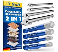 S&R Juego 8 Brocas: 4 Brocas diamante + 4 de Carburo para Gres Porcelánico, | Azulejos - Vidrio - Baldosas - Cerámica - Vastago Hexagonal