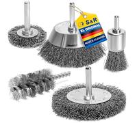 S&R Juego de 5 Cepillos Metálicos para Taladro y Atornillador Inalámbrico. Cepillo para Lijar y Limpiar Madera Metal Pintura, Cepillos de Alambre de Acero Ondulado Ø 0,5 mm, Vástago Hexagonal 6 mm