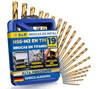 S&R Juego de Brocas HSS Titanio Metal (1-10 mm) 135 ° serie TM DIN 338. Set de 19 Brocas Profesionales en Caja de Metal.