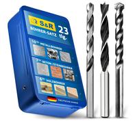 S&R Juego de brocas universales de 23 piezas – Brocas para madera, piedra y metal – Brocas helicoidales para madera, punta centradora, brocas para metal de acero HSS M2 y brocas para hormigón, placa d