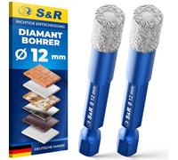 S&R, juego profesional de 2 brocas de diamante, juego de brocas de diamante para azulejos de 12 mm, brocas para vidrio, con vástago hexagonal, para cerámica dura, gres porcelánico, granito, porcelana,