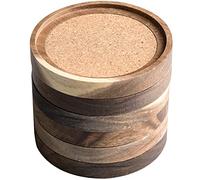 S1EGAN - Juego de 6 Posavasos de Madera de Acacia apilables de Corcho absorbentes y aislantes, Posavasos rústicos para Mesa de Madera, diseñados por S1EGAN (10,5 cm de diámetro)