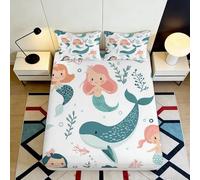 Sábana Bajera 3D Impreso Sirena Ballena Microfibra Bolsillo Profundo Habitación Infantil Ballena Mattress Fitted Cover Antideslizante Lavable 140x200x25cm