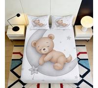 Sábana Bajera 3D Oso Dormido Microfibra Bolsillo Profundo Antideslizante Dormitorio Infantil Luna Mattress Fitted Cover Lavable 180x200x25cm