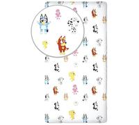Sábana Bajera Ajustable 100% algodón | Sábana Individual con Esquinas elásticas, 90×200 + 25 cm | Sábana Infantil Oficial con Licencia (Bluey - Blanco)