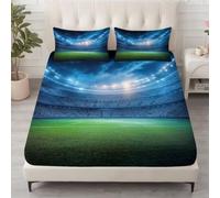 Sábana bajera ajustable infantil de 90 x 200 cm, moderna, deportiva, suave, microfibra, color azul, estadio de césped para adolescentes, niños y niñas, sábana bajera para colchones de hasta 30 cm de